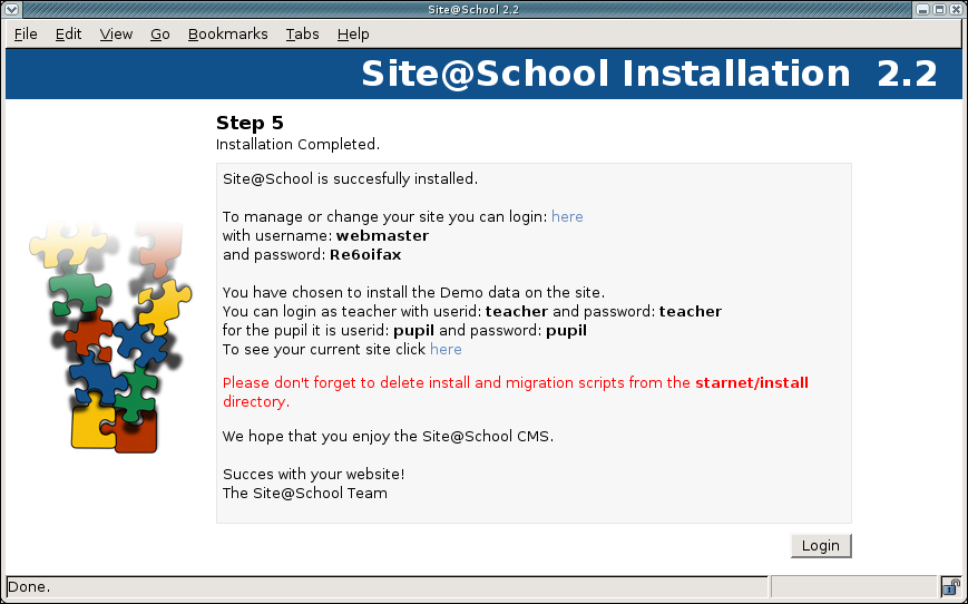 [ Site@School install script completed (with demo data) ]