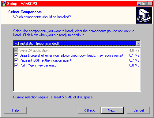 [ WinSCP Select Components dialogue ]